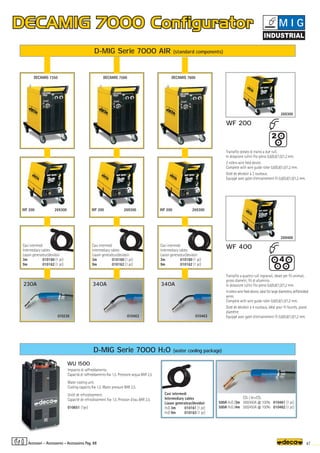 WF 200
WF 400
269300
269400
WU 1500
D-MIG Serie 7000 H2O (water cooling package)
CO2 / Ar+CO2
500A H2O /3m 500/450A @ 100% 010461 (1 pc)
500A H2O /4m 500/450A @ 100% 010462 (1 pc)
D-MIG Serie 7000 AIR (standard components)
DECAMIG 7350
WF 200
230A
WF 200
340A
WF 200
340A
DECAMIG 7500 DECAMIG 7600
269300
010236
269300
010463
269300
010463
47
2
Trainafilo a quattro rulli ingranati, ideale per fili animati,
grossi diametri, fili di alluminio.
In dotazione rullini filo pieno 0,6/0,8/1,0/1,2 mm.
4 rollers wire feed device, ideal for large diameters, selfshielded
wires.
Complete with wire guide roller 0,6/0,8/1,0/1,2 mm.
Doté de dévidoir à 4 rouleaux, idéal pour fil fourrés, grand
diamètre.
Equippé avec galet d’entrainement fil 0,6/0,8/1,0/1,2 mm.
Trainafilo dotato di traino a due rulli.
In dotazione rullini filo pieno 0,6/0,8/1,0/1,2 mm.
2 rollers wire feed device.
Complete with wire guide roller 0,6/0,8/1,0/1,2 mm.
Doté de dévidoir à 2 rouleaux.
Equippé avec galet d’entrainement fil 0,6/0,8/1,0/1,2 mm.
Impianto di raffreddamento.
Capacità di raffreddamento Kw 1,5. Pressione acqua BAR 2,5.
Water cooling unit.
Cooling capacity Kw 1,5. Water pressure BAR 2,5.
Unité de refroidissement.
Capacité de refroidissement Kw 1,5. Pression d’eau BAR 2,5.
010651 (1pc)
Cavi intermedi
Intermediary cables
Liason generateur/devidoir
H2O 3m 010161 (1 pc)
H2O 9m 010163 (1 pc)
Cavi intermedi
Intermediary cables
Liason generateur/devidoir
3m 010160 (1 pc)
9m 010162 (1 pc)
Cavi intermedi
Intermediary cables
Liason generateur/devidoir
3m 010160 (1 pc)
9m 010162 (1 pc)
Cavi intermedi
Intermediary cables
Liason generateur/devidoir
3m 010160 (1 pc)
9m 010162 (1 pc)
Accessori - Accessories - Accessoires Pag. 88
M I G
 