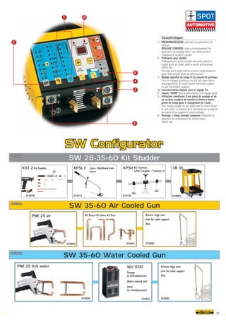 2
1 3a
3
4
5
6
OPTIONAL
OPTIONAL
OPTIONAL
OPTIONAL
OPTIONAL
OPTIONAL
010938
Kit Studder
010312 010195 010898
010802 010941 010880
010651
010800 010880
57
Caractéristiques
1) MICROPROCESSEUR: optimize tous paramètres de
soudure.
REGLAGE SYNERGIE: règle automatiquement les
paramètres de soudage selon l’outil sélectionné et
l’épaisseur de la pièce à souder.
2) Prédisposé pour studder
Prédisposé pour pince à souder manuelle, pistolet à
double point, air puller, pince à souder pneumatique
(SW35, 60).
Pointage point single continu et point single pulsatoire
(pour tôles à haute limite de déformation).
3) Réglage ajustable du temps et du courant de pointage.
Tous les réglages ajustés qui ont été faits dans chacun
des programmes de travail restent mémorisés jusqu'à
ce que l'on éteigne l'appareil.
3a) Instrumentation digitale pour le réglage fin.
4) Touche STORE pour la mémorisation d'un réglage ajusté.
5) Utilisation simultanée d'une pince de soudage et de
un ou deux studders de manière à éliminer toutes
pertes de temps pour le changement de l'outil.
Pour chaque studder on peu sélectioner un divers travail
et outil relatif. La pression de la commande sur la poignée
de chacun d'eux rappelle le travail préétabli.
6) Pointage à temps prereglé compensé. Possibilité de
désactiver la compensation du temporisateur
(SW35, 60).
Leva - Multihook lever
Levier
Kit Traversa
Lifter Crossbar - Traverse tir
Kit Bracci-Kit Arms-Kit Bras Braccio reggi cavo
Arm for cable support
Bras
Gruppo
di raffreddamento
Water cooling unit
Unité
de refroidissement
Braccio reggi cavo
Arm for cable support
Bras
SPOT
PNK 25 air
PNK 25 H2O water WU 1500
KST 2 KPSL KPSH CR 35
SW 28-35-60 Kit Studder
SW 35-60 Air Cooled Gun
SW 35-60 Water Cooled Gun
 