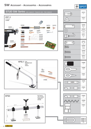 010773 010772
010771
010896 010990 010991
010765
010767
010769
010924
010753
010759
010760
010757
850 mm
700 mm
300
mm
010986 M4
010987 M5
010988 M6
(x5)
010212
(SW 28-35-60)
010206
(SW 28-35-60)
Kit Studder
010938
58
010924
(x1)
010924
(x1)
010923
010924
010958
010750
Kit Traversa
Lifter Crossbar
Traverse tir
010195
Leva
Multihook levet
Levier
010312
STUD SW Series Codici componenti - Components codes - Codes composants
SW Accessori - Accessories - Accessoires
KST 2
KPSL
KPSH
SPOT
010772
(x20)
010773
(x1)
010896
(x1)
010990
(x10)
010991
(x10)
010753
Ø 8x16x1,5
(x100)
010771
Ø 8x16
(x1)
010765
Ø8x16
(x1)
010757
M5x18
(x100)
010760
Ø 5x18
(x100)
010759
Ø 5x25
(x100)
010767
M5 - M6
(x1)
010769
(x5)
010923
(x1)
010958
(x10)
CARBON
 