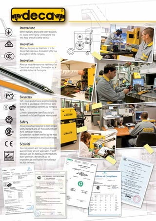 Innovazione
Mentre facciamo tesoro delle nostre tradizioni,
è il futuro che ci ispira. L'innovazione è la
vera forza propulsiva della società.
Innovation
While we treasure our traditions, it is the
future that inspires us. Innovation is the true
driving force of the company.
Innovation
Alors que nous chérissons nos traditions, c'est
l'avenir qui nous inspire. L'innovation est le
véritable moteur de l'entreprise.
Sicurezza
Tutti i nostri prodotti sono progettati secondo
le norme di sicurezza di riferimento e sono
costruiti con materiali conformi alla normativa
Rohs.
La nostra attenzione è certificata dai più
autorevoli enti di certificazione internazionali
Safety
All our products are designed to meet relevant
safety standards and are manufactured with
RoHS compliant materials.
Our attention has been certified by the most
prominent international certification bodies
Sécurité
Tous nos produits sont conçus pour répondre
aux normes de sécurité applicables et sont
fabriquésavecdesmatériauxconformesRoHS.
Notre attention a été certifié par les
organismes de certification internationaux
les plus éminents.
 