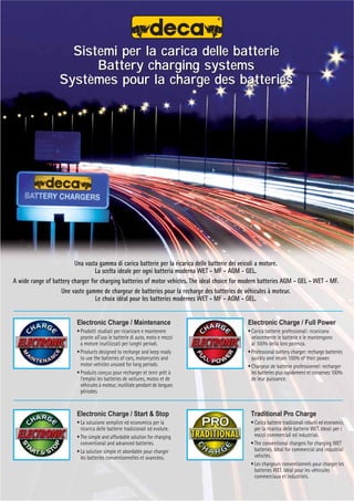 Una vasta gamma di carica batterie per la ricarica delle batterie dei veicoli a motore.
La scelta ideale per ogni batteria moderna WET - MF - AGM - GEL.
A wide range of battery charger for charging batteries of motor vehicles. The ideal choice for modern batteries AGM - GEL - WET - MF.
Une vaste gamme de chargeur de batteries pour la recharge des batteries de véhicules à moteur.
Le choix idéal pour les batteries modernes WET - MF - AGM - GEL.
Electronic Charge / Maintenance
• Prodotti studiati per ricaricare e mantenere
pronte all’uso le batterie di auto, moto e mezzi
a motore inutilizzati per lunghi periodi.
• Products designed to recharge and keep ready
to use the batteries of cars, motorcycles and
motor vehicles unused for long periods.
• Produits conçus pour recharger et tenir prêt à
l'emploi les batteries de voitures, motos et de
véhicules à moteur, inutilisée pendant de longues
périodes.
Electronic Charge / Full Power
• Carica batterie professionali: ricaricano
velocemente le batterie e le mantengono
al 100% della loro potenza.
• Professional battery charger: recharge batteries
quickly and retain 100% of their power.
• Chargeur de batterie professionnel: recharger
les batteries plus rapidement et conservez 100%
de leur puissance.
Electronic Charge / Start  Stop
• La soluzione semplice ed economica per la
ricarica delle batterie tradizionali ed evolute.
• The simple and affordable solution for charging
conventional and advanced batteries.
• La solution simple et abordable pour charger
les batteries conventionnelles et avancées.
Traditional Pro Charge
• Carica batterie tradizionali robusti ed economici,
per la ricarica delle batterie WET. Ideali per i
mezzi commerciali ed industriali.
• The conventional chargers for charging WET
batteries. Ideal for commercial and industrial
vehicles.
• Les chargeurs conventionnels pour charger les
batteries WET. Idéal pour les véhicules
commerciaux et industriels.
Sistemi per la carica delle batterie
Battery charging systems
Systèmes pour la charge des batteries
Sistemi per la carica delle batterie
Battery charging systems
Systèmes pour la charge des batteries
 