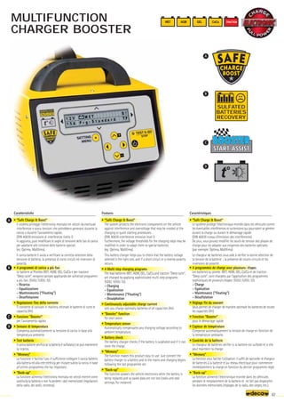 66
WET AGM GEL Ca/Ca
SAFE
BOOST
CHARGE
t°
TRACTION
START ASSIST
START ASSIST
A
B
C
D
A
B
C
D
67
Caratteristiche
• “Safe Charge  Boost”
Il sistema protegge l’elettronica montata nei veicoli da eventuali
interferenze e sovra-tensioni che potrebbero generarsi durante la
carica o durante l’avviamento rapido.
(DIN 40839 emissione di interferenze livello I).
In aggiunta, puoi modificare le soglie di tensione delle fasi di carica
per adattarle alle richieste delle batterie speciali.
(es: Optima, MaXXima).
Il carica batterie ti aiuta a verificare la corretta selezione della
tensione di batteria; la presenza di corto circuiti ed inversioni di
polarità.
• 4 programmi di carica a più fasi
Le batterie al Piombo WET, AGM, GEL, Ca/Ca e per trazione
“Deep cycle”, vengono caricate applicando dei sofisticati programmi
a più fasi: (IU0U; IUI0U; IU).
- Ricarica
- Equalizzazione
- Mantenimento (“Floating”)
- Desolfatazione
• Regolazione fine della corrente
Ti consente di caricare in maniera ottimale le batterie di tutte le
capacità (Ah).
• Funzione Booster
per l'avviamento rapido
• Sensore di temperatura
Compensa automaticamente la tensione di carica in base alla
temperatura ambiente.
• Test batteria
Il carica batterie verifica se la batteria è solfatata e se può mantenere
la ricarica.
• “Memory”
La funzione ti facilita l’uso: è sufficiente collegare il carica batterie
alla batteria ed alla rete elettrica per iniziare subito la carica in base
all’ultimo programma che hai impostato.
• “Back-up”
La funzione alimenta l’elettronica montata nei veicoli mentre viene
sostituita la batteria e non fa perdere i dati memorizzati (regolazioni
della radio, dei sedili, eccetera).
Features
• “Safe Charge  Boost”
The system protects the electronic components on the vehicle
against interference and overvoltage that may be created at the
charging or quick starting procedures.
(DIN 40839 interference emission level I)
Furthermore, the voltage thresholds for the charging steps may be
modified in order to adapt them to special batteries.
(eg: Optima, MaXXima).
This battery charger helps you to check that the battery voltage
selected is the right one, and if a short circuit or a reverse polarity
occurs.
• 4 Multi step charging programs
The lead batteries WET, AGM, GEL, Ca/Ca and traction “Deep cycle”,
are charged by applying sophisticated multi-step programs:
(IU0U; IUI0U; IU).
- Charging
- Equalization
- Maintenance (“Floating”)
- Desulphation
• Continuously adjustable charge current
Lets you charge optimally batteries of all capacities (Ah).
• Booster function
for start assist
• Temperature sensor
Automatically compensates any charging voltage according to
ambient temperature.
• Battery check
The battery charger checks if the battery is sulphated and if it can
store the charge.
• “Memory”
The function makes this product easy to use: Just connect the
battery charger to a battery and to the mains and charging begins
following the last programme set.
• “Back-up”
The function powers the vehicle electronics while the battery is
being replaced and so saved data are not lost (radio and seat
settings, for instance).
Caractéristiques
• “Safe Charge  Boost”
Le système protège l’électronique montée dans les véhicules contre
les éventuelles interférences et surtensions qui pourraient se générer
durant la charge ou durant le démarrage rapide.
(DIN 40839 niveau d'émission des interférences)
De plus, vous pouvez modifier les seuils de tension des phases de
charge pour les adapter aux exigences des batteries spéciales.
(par exemple: Optima, MaXXima).
Le chargeur de batteries vous aide à vérifier la bonne sélection de
la tension de la batterie ; la présence de courts-circuits et les
inversions de polarité.
• 4 programmes de charge avec plusieurs- étapes
Les batteries au plomb: WET, AGM, GEL, Ca/Ca et de traction
“Deep cycle”, sont chargées par l'application des programmes
sophistiqués de plusieurs étapes: (IU0U; IUI0U; IU).
- Charge
- Egalisation
- Maintenance (“Floating”)
- Désulfatation
• Réglage fin du courant
Vous permet de charger de manière optimale les batteries de toutes
les capacités (Ah).
• Fonction Booster
pour le démarrage rapide
• Capteur de température
Compense automatiquement la tension de charge en fonction de
la température ambiante.
• Contrôle de la batterie
Le chargeur de batteries vérifier si la batterie est sulfatée et si elle
peut maintenir la charge.
• “Memory”
La fonction vous facilite l’utilisation: il suffit de raccorder le chargeur
de batteries à la batterie et au réseau électrique pour commencer
immédiatement la charge en fonction du dernier programme réglé.
• “Back-up”
La fonction alimente l’électronique montée dans les véhicules
pendant le remplacement de la batterie et ne fait pas disparaître
les données mémorisées (réglages de la radio, des sièges, etc.).
MULTIFUNCTION
CHARGER BOOSTER
SULFATED
BATTERIES
RECOVERY
 