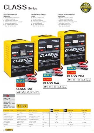 Volt 50-60Hz (AC)
W
Volt
Amp.
Amp.
N°
Ah min/max
mm.
–
~kg.
CLASS 12A
1 Phx230
130
12 / 24
6
9
2
15 / 140
4,0
CLASS 16A
1 Phx230
220
12 / 24
9
12
2
20 / 200
4,5
CLASS 20A
1 Phx230
300
12 / 24
12
20
2
10 / 250
6,0
200 x 190 x 270
CLASS 12A
Fuse 15A (10 pcs) 010293
CLASS 16A
Fuse 20A (10 pcs) 010300
FUSE
FUSE
CLASS 20A
Fuse 30A (10 pcs) 010295
12-24 V
15 - 140 Ah
CLASS 12A
12-24 V
20 - 200 Ah
CLASS 16A
12-24 V
10 - 250 Ah
CLASS 20A
72
Caratteristiche tecniche
Alimentazione
Potenza
Tensione nominale batteria
Corrente di carica media
Corrente di carica efficace
Posizioni di carica
Capacità batteria
Dimensioni
Peso
Technical specifications
Input voltage
Power
Nominal battery voltage
Average charging current
Effective charging current
Charging positions
Battery capacity
Dimensions
Weight
Données techniques
Tension d’alimentation
Puissance
Tension nominale de la batterie
Courant de charge moyen
Courant de charge effectif
Positions de charge
Capacité batteries
Dimensions
Poids
Carica batterie portatili
Caratteristiche
• Regolazione della corrente di carica
• Protezione termostatica
• Protezione contro i corto circuiti
• Protezione contro le inversioni di polarità
• Arresto manuale della carica
• CU: 100% Avvolgimenti in rame
(Class 12A, 16A, 30A, 50A)
Portable battery chargers
Features
• Charging current regulation
• Overload protection
• Short circuits protection
• Inversions of polarity protection
• Manual charge breaker
• CU: 100% Copper windings
(Class 12A, 16A, 30A, 50A)
Chargeurs de batterie portatifs
Caractéristiques
• Régulation du courant de charge
• Protection contre les surcharges
• Protection contre les court circuits
• Protection contre les inversions de polarité
• Arrêt manuel de la charge
• CU: 100% Bobinage en cuivre
(Class 12A, 16A, 30A, 50A)
CLASS Series
 