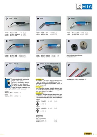 010464 MIG Torch 140A 2m (1 pc)
010468 MIG Torch 140A VALVE 2m (1 pc)
010470 MIG Torch 160A 2m (1 pc)
010461 MIG Torch 500A H2O 3m EURO (1 pc)
010462 MIG Torch 500A H2O 4m EURO (1 pc)
010236 MIG Torch 230A 3m EURO (1 pc)
010237 MIG Torch 230A 4m EURO (1 pc)
140A - 160A 180A 230A
340A 500A
POT 1 - POT 2 SPOOL GUN 1 - SPOOL GUN 2
010463 MIG Torch 340A 3m EURO (1 pc)
010239 MIG Torch 340A 4m EURO (1 pc)
010234 MIG Torch 180A 3m EURO (1 pc)
010235 MIG Torch 180A 4m EURO (1 pc)
A
B
C
A A
A A
A A
89
Torcia Spool Gun
Ha una bobina di filo continuo alloggiata nell’impugnatura:
è ideale per l’utilizzo di fili morbidi (alluminio) senza
problemi di trascinamento (regolazione della velocità del
filo sull’impugnatura).
Torch Spool Gun
With a continuous wire spool housed in the handle ideal
for use with soft wire (aluminium) with no drawing problems
(wire speed adjustment on the gun).
Torche Spool Gun
Une bobine de fil continu se trouve sur la poignée: idéale
pour l’utilisation de fils souples (aluminium) sans problème
d’entraînement (réglage de la vitesse du fil sur la poignée).
010308
MIG Torch SPOOL GUN 1 6m EURO (1 pc)
Al ø 0,8 - 1,0
010270
MIG Torch SPOOL GUN 2 6m DINSE (1 pc)
Al ø 0,8 - 1,0
Rullino trainafilo
Wire guide roller
Galet d’entrainement
011198 Fe ø 0,6 - 0,8 (1 pc)
011199 Al ø 0,8 - 1,0 (1 pc)
Torcia con regolazione della velocità
del filo sull’impugnatura:
ti facilita il controllo della saldatura.
Torch with wire speed adjustment
on the gun: facilitates welding control.
Torche avec réglage de la vitesse du fil
sur la poignée: facilite le contrôle du soudage.
010309
MIG Torch POT 1 3m EURO (1 pc)
010271
MIG Torch POT 2 3m DINSE (1 pc)
Rullino trainafilo - Wire guide roller
Galet d’entrainement
Guaina guidafilo - Liner - Guaine pour fil
M I G
 