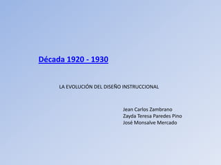 Década 1920 - 1930


     LA EVOLUCIÓN DEL DISEÑO INSTRUCCIONAL



                            Jean Carlos Zambrano
                            Zayda Teresa Paredes Pino
                            José Monsalve Mercado
 
