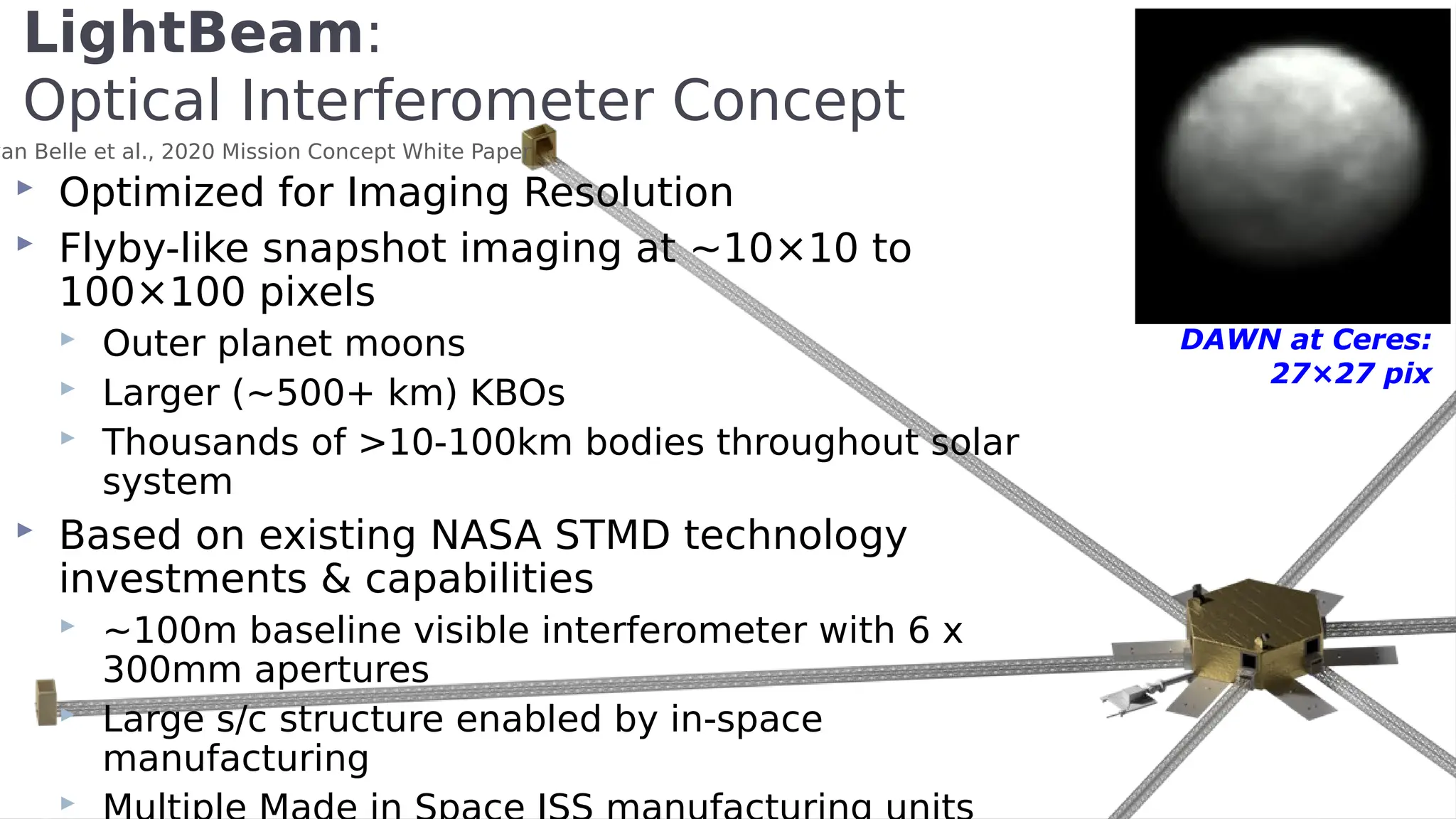 LightBeam:
Optical Interferometer Concept
DAWN at Ceres:
27×27 pix
 Optimized for Imaging Resolution
 Flyby-like snapshot imaging at ~10×10 to
100×100 pixels
 Outer planet moons
 Larger (~500+ km) KBOs
 Thousands of >10-100km bodies throughout solar
system
 Based on existing NASA STMD technology
investments & capabilities
 ~100m baseline visible interferometer with 6 x
300mm apertures
 Large s/c structure enabled by in-space
manufacturing

van Belle et al., 2020 Mission Concept White Paper
 