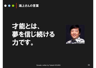 鴻上さんの言葉




才能とは、
夢を信じ続ける
力です。


       Decade, written by Takeshi KOUNO.   55
 