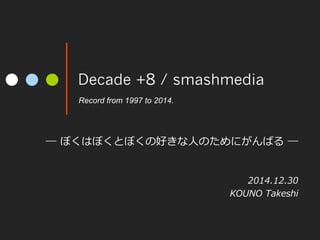 Decade +8 / smashmedia
―  ぼくはぼくとぼくの好きな⼈人のためにがんばる  ―
2014.12.30
KOUNO  Takeshi
Record from 1997 to 2014.	
 