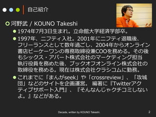 Decade, written by KOUNO Takeshi. 2
??B
???Ұ ?/ ?KOUNO ?Takeshi
l??19747?3??ޤ졣?^?ѧUgѧ䡣
l??1997ꡢ˥եƥ?硣2001˥˥եƥᡢ
ե`󥹤Ȥ^2004꤫饪饤
ө``ΌȡۼCOOդ롣
⥷å?ѩ`ʽΥީ`ƥ󥰵
?ۆTդ᤿ᡢ֥åե饤ʽ
ȡۤդ롣Fڤʽ祯饷ڄա
l??ޤǤˡޤseek䡸crossreview
⡹ʤɤΥȤ\ӡ ?ˡTwitter
ƥ֥ݩ`??Tʤ󤸤㥯ߤʤ
衣ʤɤ롣
 