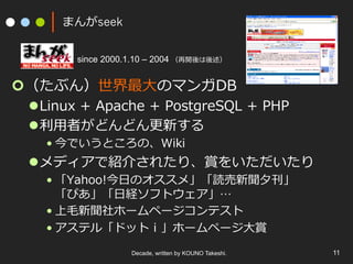 まんがseek
¢ （たぶん）世界最⼤のマンガDB
l Linux + Apache + PostgreSQL + PHP
l 利⽤者がどんどん更新する
• 今でいうところの、Wiki
l メディアで紹介されたり、賞をいただいたり
• 「Yahoo!今⽇のオススメ」「読売新聞⼣刊」
「ぴあ」「⽇経ソフトウェア」…
• 上⽑新聞社ホームページコンテスト
• アステル「ドットｉ」ホームページ⼤賞
Decade, written by KOUNO Takeshi. 11
since 2000.1.10 – 2004 （再開後は後述）
 