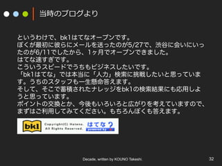 Decade, written by KOUNO Takeshi. 32
当時のブログより
というわけで、bk1はてなオープンです。
ぼくが最初に彼らにメールを送ったのが5/27で、渋谷に会いにいっ
たのが6/11でしたから、1ヶ月でオープンできました。
はてな速すぎです。
こういうスピードでうちもビジネスしたいです。
「bk1はてな」では本当に「人力」検索に挑戦したいと思っていま
す。うちのスタッフも一生懸命答えます。
そして、そこで蓄積されたナレッジをbk1の検索結果にも応用しよ
うと思っています。
ポイントの交換とか、今後もいろいろと広がりを考えていますので、
まずはご利用してみてください。もちろんぼくも答えます。
 