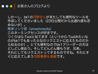 Decade, written by KOUNO Takeshi. 37
お客さんのブログより
しかーし、bk1の河野さんがまたしても便利なツールを
作成してくださいました（23日公開だから出遅れ感も否
めないが）。
簡単リンク君（smashmedia）
このネーミングセンスが好きです。
つくりはG-Toolと似てます（というかG-Toolみたいな
のがbk1でもあったらなのリクエストに応えたものだか
ら似るのか）。とても便利なのでbk1ブリーダーの方は
どしどし使おう。そしてどんどん積もうぜ、兄弟。
それにしてもリクエストってするものですね。それにす
ぐに応えてしまう河野専務も素敵です。
 