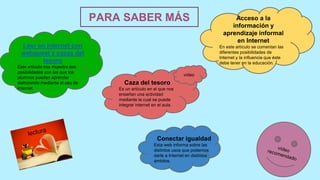 PARA SABER MÁS Acceso a la 
información y 
aprendizaje informal 
en Internet 
En este artículo se comentan las 
diferentes posibilidades de 
Internet y la influencia que éste 
debe tener en la educación. 
Leer en Internet con 
webquest y cazas del 
tesoro 
Este artículo nos muestra dos 
posibilidades con las que los 
alumnos pueden aprender 
disfrutando mediante el uso de 
Internet. 
vídeo 
Conectar igualdad 
Esta web informa sobre las 
distintos usos que podemos 
darle a Internet en distintos 
ámbitos. 
 