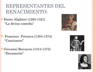 REPRESENTANTES DEL
RENACIMIENTO:
 Dante Alighieri (1265-1321)
“La divina comedia”
 Francisco Petrarca (1304-1374)
“Cancionero”
 Giovanni Boccaccio (1313-1375)
“Decamerón”
 
