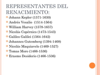 REPRESENTANTES DEL
RENACIMIENTO:
 Johann Kepler (1571-1630)
 Andrés Vesalio (1514-1564)
 William Harvey (1578-1657)
 Nicolás Copérnico (1473-1543)
 Galileo Galilei (1564-1642)
 Johannes Gutemberg (1394-1468)
 Nicolás Maquiavelo (1469-1527)
 Tomas Moro (1466-1536)
 Erasmo Desiderio (1466-1536)
 