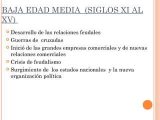 BAJA EDAD MEDIA (SIGLOS XI AL
XV)
 Desarrollo de las relaciones feudales
 Guerras de cruzadas
 Inició de las grandes empresas comerciales y de nuevas
relaciones comerciales
 Crisis de feudalismo
 Surgimiento de los estados nacionales y la nueva
organización política
 