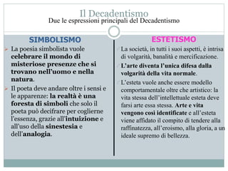 Il Decadentismo
 La poesia simbolista vuole
celebrare il mondo di
misteriose presenze che si
trovano nell’uomo e nella
natura.
 Il poeta deve andare oltre i sensi e
le apparenze: la realtà è una
foresta di simboli che solo il
poeta può decifrare per coglierne
l’essenza, grazie all’intuizione e
all’uso della sinestesia e
dell’analogia.
SIMBOLISMO ESTETISMO
Due le espressioni principali del Decadentismo
La società, in tutti i suoi aspetti, è intrisa
di volgarità, banalità e mercificazione.
L’arte diventa l’unica difesa dalla
volgarità della vita normale.
L’esteta vuole anche essere modello
comportamentale oltre che artistico: la
vita stessa dell’intellettuale esteta deve
farsi arte essa stessa. Arte e vita
vengono così identificate e all’esteta
viene affidato il compito di tendere alla
raffinatezza, all’eroismo, alla gloria, a un
ideale supremo di bellezza.
 