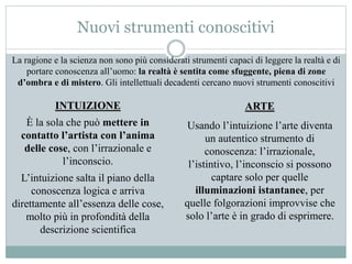 Nuovi strumenti conoscitivi
La ragione e la scienza non sono più considerati strumenti capaci di leggere la realtà e di
portare conoscenza all’uomo: la realtà è sentita come sfuggente, piena di zone
d’ombra e di mistero. Gli intellettuali decadenti cercano nuovi strumenti conoscitivi
INTUIZIONE
È la sola che può mettere in
contatto l’artista con l’anima
delle cose, con l’irrazionale e
l’inconscio.
L’intuizione salta il piano della
conoscenza logica e arriva
direttamente all’essenza delle cose,
molto più in profondità della
descrizione scientifica
ARTE
Usando l’intuizione l’arte diventa
un autentico strumento di
conoscenza: l’irrazionale,
l’istintivo, l’inconscio si possono
captare solo per quelle
illuminazioni istantanee, per
quelle folgorazioni improvvise che
solo l’arte è in grado di esprimere.
 