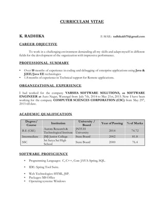 CURRICULAM VITAE
K. RADHIKA E-MAIL: radhikakb75@gmail.com
CAREER OBJECTIVE
To work in a challenging environment demanding all my skills and adapt myself in different
fields for the development of the organization with impressive performance.
PROFESSIONAL SUMMARY
• Over 10 months of experience in coding and debugging of enterprise applications using Java &
J2EE/Java EE technologies
• 1.8 months of experience in Technical support for Remote applications.
ORGANIZATIONAL EXPERIENCE
I had worked for the company VARSHA SOFTWARE SOLUTIONS, as SOFTWARE
ENGINEER at Auto Nagar, Warangal from July 7th, 2014 to May 21st, 2015. Now I have been
working for the company COMPUTER SCIENCES CORPORATION (CSC) from May 29th
,
2015 till date.
ACADEMIC QUALIFICATION
Degree/
Course
Institution
University /
Board
Year of Passing % of Marks
B.E (CSE)
Aurora Research &
Technological Institute
JNTUH
University
2014 74.72
Intermediate JMJ Junior College State Board 2002 81.8
SSC
Sri Satya Sai High
School
State Board 2000 76.4
SOFTWARE PROFICIENCY
• Programming Languages: C, C++, Core JAVA-Spring, SQL.
• IDE: Spring Tool Suite.
• Web Technologies: HTML, JSP.
• Packages: MS Office
• Operating systems: Windows
 