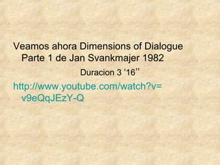 Veamos ahora Dimensions of Dialogue
Parte 1 de Jan Svankmajer 1982
Duracion 3 ’16’’
http://www.youtube.com/watch?v=
v9eQqJEzY-Q

 