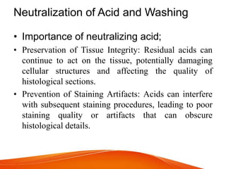 Neutralization of Acid and Washing
• Importance of neutralizing acid;
• Preservation of Tissue Integrity: Residual acids can
continue to act on the tissue, potentially damaging
cellular structures and affecting the quality of
histological sections.
• Prevention of Staining Artifacts: Acids can interfere
with subsequent staining procedures, leading to poor
staining quality or artifacts that can obscure
histological details.
 