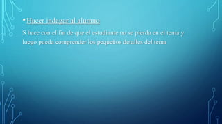 •Hacer indagar al alumno
S hace con el fin de que el estudiante no se pierda en el tema y
luego pueda comprender los pequeños detalles del tema
 