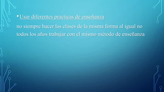 •Usar diferentes prácticas de enseñanza
no siempre hacer las clases de la misma forma al igual no
todos los años trabajar con el mismo método de enseñanza
 