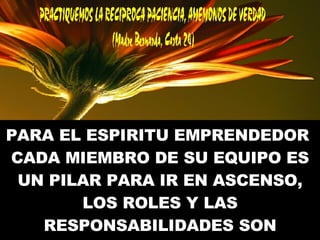 PARA EL ESPIRITU EMPRENDEDOR  CADA MIEMBRO DE SU EQUIPO ES UN PILAR PARA IR EN ASCENSO, LOS ROLES Y LAS RESPONSABILIDADES SON SINONIMO DE SERVICIO 