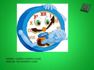 NORMA : LLEGAR A TIEMPO A CLASE
SANCION : NO ACCEDER A CLASE
 