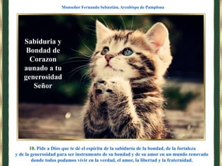 10. Pide a Dios que te dé el espíritu de la sabiduría de la bondad, de la fortaleza
y de la generosidad para ser instrumento de su bondad y de su amor en un mundo renovado
donde todos podamos vivir en la verdad, el amor, la libertad y la fraternidad.
Monseñor Fernando Sebastián, Arzobispo de Pamplona
Sabiduria y
Bondad de
Corazon
aunado a tu
generosidad
Señor
 