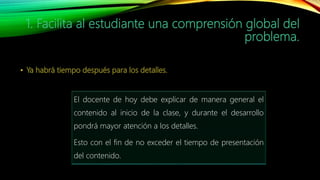 El docente de hoy debe explicar de manera general el
contenido al inicio de la clase, y durante el desarrollo
pondrá mayor atención a los detalles.
Esto con el fin de no exceder el tiempo de presentación
del contenido.
 