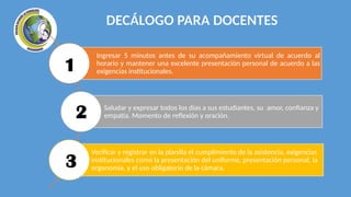 DECÁLOGO PARA DOCENTES
Ingresar 5 minutos antes de su acompañamiento virtual de acuerdo al
horario y mantener una excelente presentación personal de acuerdo a las
exigencias institucionales.
Saludar y expresar todos los días a sus estudiantes, su amor, confianza y
empatía. Momento de reflexión y oración.
Verificar y registrar en la planilla el cumplimiento de la asistencia, exigencias
institucionales como la presentación del uniforme, presentación personal, la
ergonomía, y el uso obligatorio de la cámara.
1
2
3
 