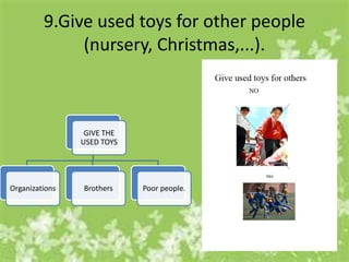 9.Give used toys for other people
              (nursery, Christmas,...).



                 GIVE THE
                USED TOYS




Organizations   Brothers    Poor people.
 
