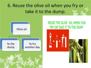6. Reuse the olive oil when you fry or
        take it to the dump.


         Olive oil



To the             To fry
dump            another day
 