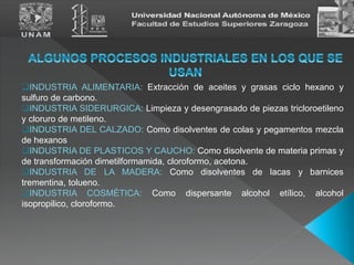 INDUSTRIA ALIMENTARIA: Extracción de aceites y grasas ciclo hexano y
sulfuro de carbono.
INDUSTRIA SIDERURGICA: Limpieza y desengrasado de piezas tricloroetileno
y cloruro de metileno.
INDUSTRIA DEL CALZADO: Como disolventes de colas y pegamentos mezcla
de hexanos
INDUSTRIA DE PLASTICOS Y CAUCHO: Como disolvente de materia primas y
de transformación dimetilformamida, cloroformo, acetona.
INDUSTRIA DE LA MADERA: Como disolventes de lacas y barnices
trementina, tolueno.
INDUSTRIA COSMÉTICA: Como dispersante alcohol etílico, alcohol
isopropilico, cloroformo.
 