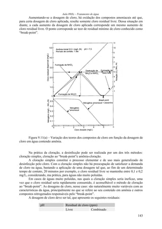 Aula 09(b) – Tratamento de água 
Aumentando-se a dosagem de cloro, há oxidação dos compostos amoniacais até que, 
para certa dosagem de cloro aplicada, resulte somente cloro residual livre. Dessa situação em 
diante, a cada aumento da dosagem de cloro aplicada corresponde um mesmo aumento de 
cloro residual livre. O ponto corresponde ao teor de residual mínimo de cloro conhecido como 
“break-point”. 
Figura 9.11(a) – Variação dos teores dos compostos de cloro em função da dosagem de 
cloro em água contendo amônia. 
Na prática da cloração, a desinfecção pode ser realizada por um dos três métodos: 
cloração simples, cloração ao “break-point”e amônia-cloração. 
A cloração simples constitui o processo elementar e de uso mais generalizado de 
desinfecção pelo cloro. Com a cloração simples não há preocupação de satisfazer a demanda 
de cloro na água, bastando a aplicação de uma dosagem tal que, ao fim de um determinado 
tempo de contato, 20 minutos por exemplo, o cloro residual livre se mantenha entre 0,1 e 0,2 
mg/L, considerando, ma prática, para águas não muito poluídas. 
Em casos de águas muito poluídas, nas quais a cloração simples seria ineficaz, uma 
vez que o cloro residual seria rapidamente consumido, é aconselhável o método de cloração 
ao “break-point”. As dosagens de cloro, nesse caso: são naturalmente muito variáveis com as 
características da água, principalmente no que se refere ao seu conteúdo em amônia e outros 
compostos nitrogenados responsáveis pelo “break-point”. 
A dosagem de cloro deve ser tal, que apresente os seguintes residuais: 
pH Residual de cloro (ppm) 
Livre Combinado 
143 
 