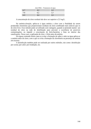 Aula 09(b) – Tratamento de água 
6-7 0,2 1,0 
7-8 0,2 1,5 
8-9 0,4 1,8 
A concentração de cloro residual não deve ser superior a 2,5 mg/L. 
Na amônia-cloração, aplica-se à água amônia e cloro com a finalidade de serem 
produzidas cloraminas que proporcionam residuais de cloro combinado mais estáveis que os 
de cloro livre. Esse método pode ser utilizado com vantagens, quando se pretende manter um 
residual de cloro na rede de distribuição para prevenir a ocorrência de possíveis 
contaminações, ou impedir o crescimento de ferro-bactérias e limo no interior das 
canalizações. Nesse caso, a aplicação de cloro é feita antes da amônia. 
Em águas contendo fenóis, para se evitar a formação de sabor e odor na água aplica-se 
a amônia antes do cloro, com o que se evita a formação de clorofenóis na presença de amônia 
em excesso. 
A desinfecção também pode ser realizada por outros métodos, tais como: desinfecção 
por ozona; por calor; por irradiação, etc. 
144 
