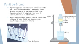 Funil de Bromo
 O primeiro passo é deixar a mistura em repouso, visto
que a parte sólida costuma ser a mais densa, com o
tempo e com a ação da gravidade, o sólido irá se
depositar no fundo do recipiente. Essa parte do
processo é chamada de sedimentação.
 Depois realizamos a decantação, ou seja, a separação
cuidadosa da parte líquida que ficou em cima,
transferindo-a para outro recipiente.
Funil de Bromo
 