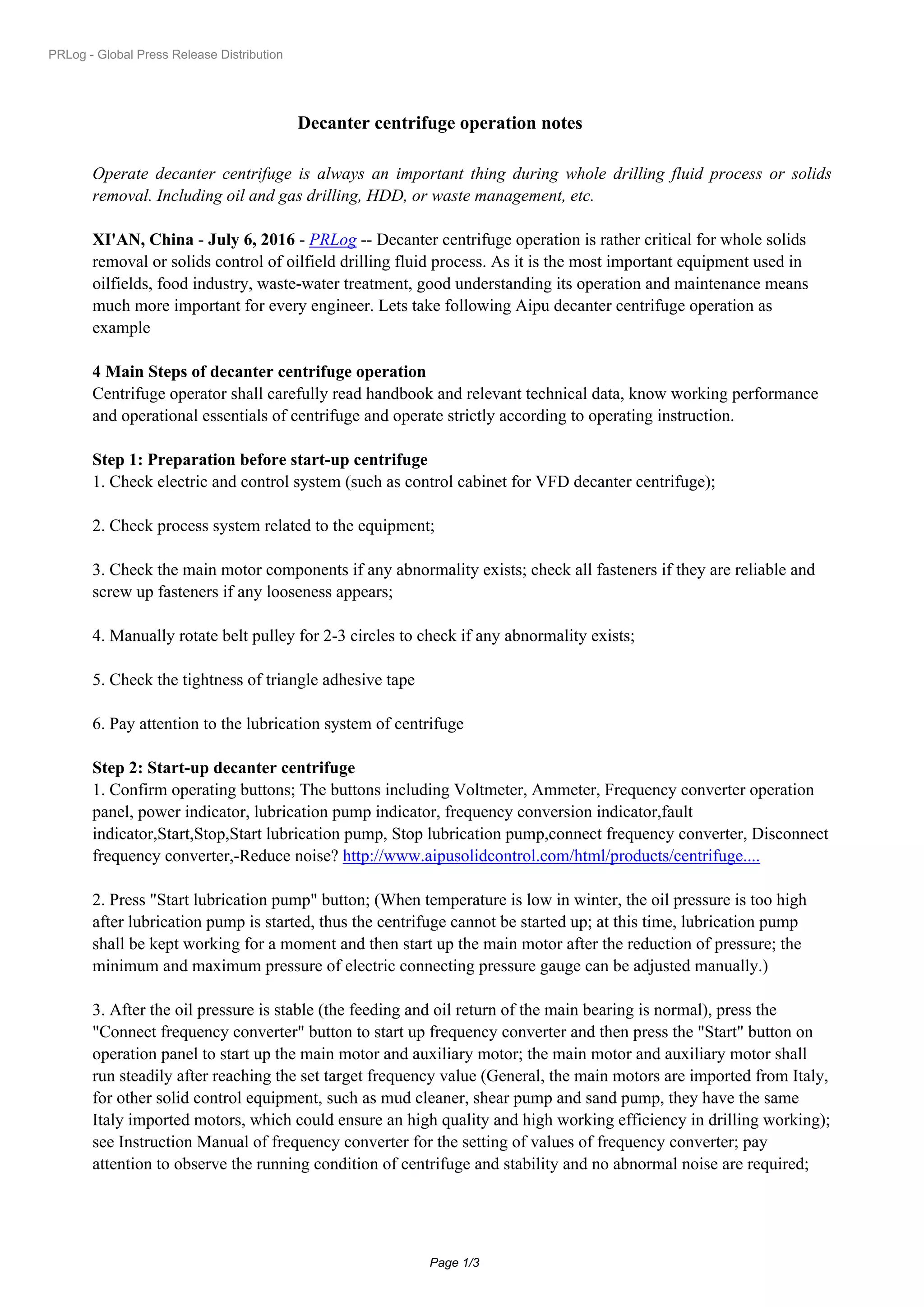 Decanter centrifuge operation | PDF
