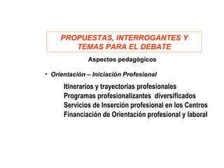 PROPUESTAS, INTERROGANTES Y
        TEMAS PARA EL DEBATE
              Aspectos pedagógicos

• Orientación – Iniciación Profesional

      Itinerarios y trayectorias profesionales
      Programas profesionalizantes diversificados
      Servicios de Inserción profesional en los Centros
      Financiación de Orientación profesional y laboral
 