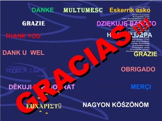 DANKE      MULTUMESC   Eskerrik asko


                                      !! !!
                S
    GRAZIE              DZIĘKUJĘ BARDZO
                             HVALA LIJEPA


              A
THANK YOU

DANK U WEL


          C I                        GRAZIE




        A
HVALA LEPE                       OBRIGADO




      R
 DĔKUJI MNOHOKRAŤ                   MERÇI



    GΕUΧΆΡΙΣΤΩ       NAGYON KÖŚZÖNÖM
 