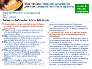 Familia Profesional : Informática y Comunicaciones
                                   Cualificación: Confección y Publicación de páginas web                                Ejemplo de
                                                                                                                         Unidad de
 UNIDAD DE COMPETENCIA 1: Construir páginas web
                                                                                                                        Competencia
 Nivel: 2
 Código: : UC0950_2
 :
 Realizaciones Profesionales y Criterios de Realización

RP1: Realizar páginas web para presentar información Utilizando            calidad y procedimientos de prueba de la organización.
  herramientas de edición web, siguiendo especificaciones de             CR1.6 La documentación técnica específica asociada a la herra-
  diseño recibidas.                                                        mienta, se interpreta, en su caso, en la lengua extranjera de uso
CR1.1 La herramienta de edición se instala y configura con el fin de       más frecuente en el sector.
  utilizarla en la elaboración de las páginas web, siguiendo las         RP2: Crear páginas web y retocar las ya realizadas utilizando
  especificaciones recibidas.                                              lenguajes de marcas, de acuerdo a especificaciones de
CR1.2 Los asistentes que proporcionan las herramientas de edición se       diseño recibidas.
  identifican y se utilizan para facilitar la creación de las páginas,   CR2.1 Los elementos proporcionados por el lenguaje de marcas se
  según las especificaciones técnicas de la herramienta.                   utilizan para presentar información en las páginas web según las
CR1.3 Los elementos que aporta la herramienta de edición se insertan       especificaciones de diseño recibidas.
  y se configuran, utilizando las opciones (menús, barras de             CR2.2 El tipo de contenido a exponer (textos, imágenes, tablas, ele-
  herramientas, controles) que proporciona, según las                      mentos multimedia, enlaces, entre otros) en la página se identi-
  especificaciones de diseño recibidas.                                    fica y se utilizan las etiquetas correspondientes que proporciona
CR1.4 Las páginas realizadas se prueban en los navegadores web             el lenguaje, siguiendo las especificaciones de diseño recibidas.
  para verificar que cumplen las funcionalidades especificadas en el     CR2.3 Los atributos y valores de los elementos se identifican y se
  diseño, así como los criterios de “usabilidad” y accesibilidad           ajustan para mejorar el formato, la funcionalidad y el diseño de la
  definidos por la organización, siguiendo procedimientos                  página, según las especificaciones de diseño recibidas.
  establecidos.                                                          CR2.4 Las modificaciones a realizar en la página web se identifican
CR1.5 Los errores en las páginas realizadas se detectan y corrigen         y se utilizan las etiquetas, los elementos y los atributos
  utilizando la propia herramienta de edición, para asegurar el            correspondientes para adaptar la página a los nuevos cambios,
  cumplimiento de las especificaciones del diseño, según criterios de      de acuerdo a las especificaciones de diseño recibidas
 