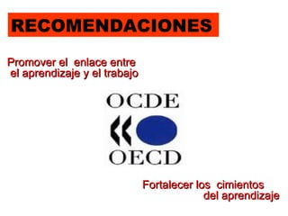 RECOMENDACIONES
Promover el enlace entre
el aprendizaje y el trabajo




                              Fortalecer los cimientos
                                           del aprendizaje
 