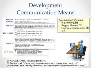 Development    
Communication  Means	
Recommender  systems:	
-­‐‑  Bug  Triaging  [1]	
-­‐‑  Suggest  Mentors  [2]	
-­‐‑  Code  re-­‐‑documentation  [3]	
-­‐‑  Etc.	
[1]  Anvik  et  al.  “Who  should  ﬁx  this  bug?”.	
[2]  Canfora  et  al.  “Who  is  going  to  mentor  newcomers  in  open  source  projects?”  	
[3]  Panichella  et  al.  “Mining  source  code  descriptions  from  developer  communications”	
7
 