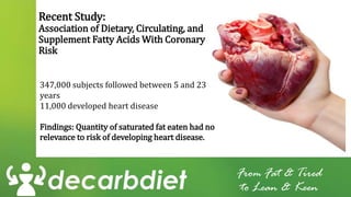 Recent Study:
Association of Dietary, Circulating, and
Supplement Fatty Acids With Coronary
Risk
From Fat & Tired
to Lean & Keen
347,000 subjects followed between 5 and 23
years
11,000 developed heart disease
Findings: Quantity of saturated fat eaten had no
relevance to risk of developing heart disease.
 