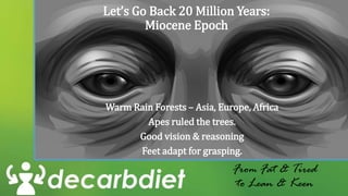 Let’s Go Back 20 Million Years:
Miocene Epoch
Warm Rain Forests – Asia, Europe, Africa
Apes ruled the trees.
Good vision & reasoning
Feet adapt for grasping.
From Fat & Tired
to Lean & Keen
 