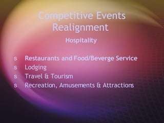 Competitive Events Realignment   Hospitality  Restaurants and Food/Beverge Service Lodging Travel & Tourism Recreation, Amusements & Attractions 