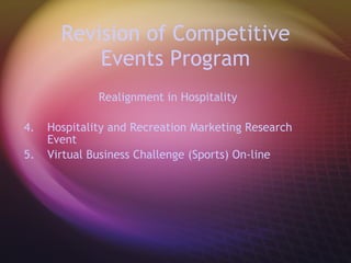 Revision of Competitive Events Program Realignment in Hospitality  Hospitality and Recreation Marketing Research Event  Virtual Business Challenge (Sports) On-line   