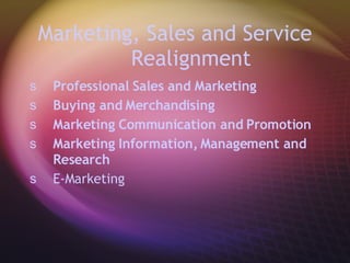 Marketing, Sales and Service Realignment Professional Sales and Marketing Buying and Merchandising Marketing Communication and Promotion Marketing Information, Management and Research E-Marketing  