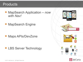 Products

       MapSearch Application – now
       with Nav!

       MapSearch Engine


       Maps APIs/DevZone


       LBS Server Technology


 © 2011 deCarta Inc. All Rights Reserved.
 